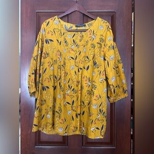 Gracila Mustard Floral Cotton Tunic Blouse Women’s 3XL